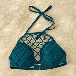 Shade and Shore 32C Teal Halter Bikini Top with Net Overlay